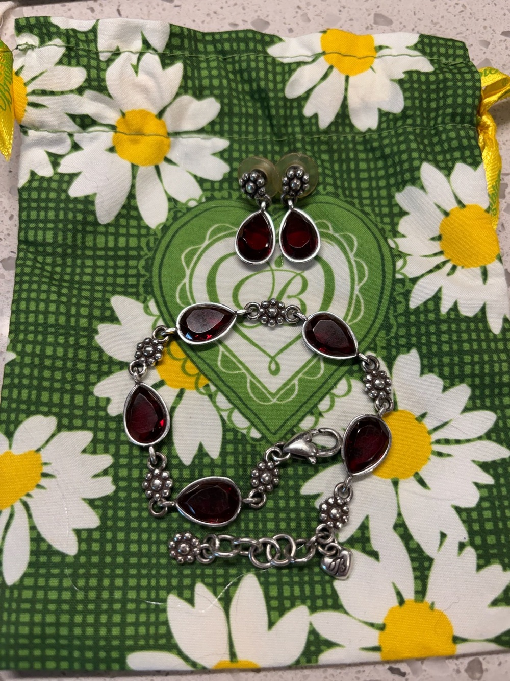 Brighton Silver Bracelet and Earring Set with Deep Red Stones